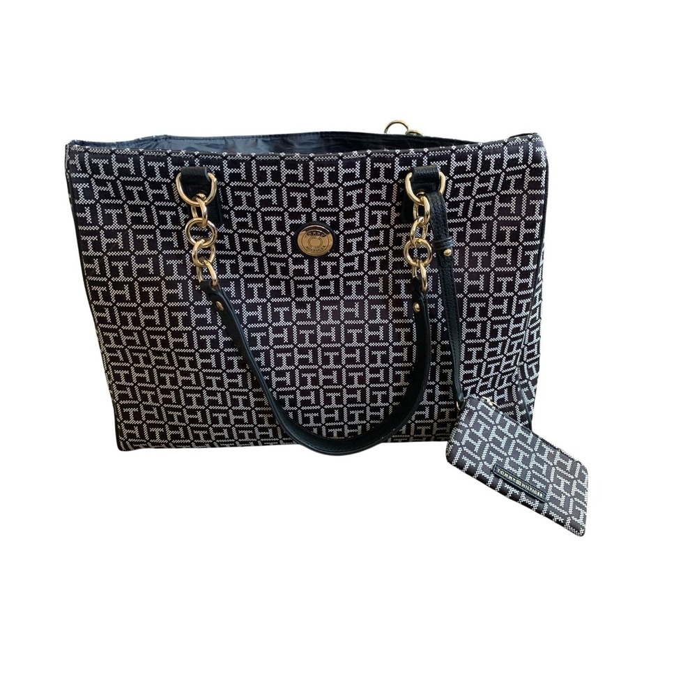 Tommy Hilfiger Tote Bag Large Black Monogram Pouch Preppy Work Sophisticated